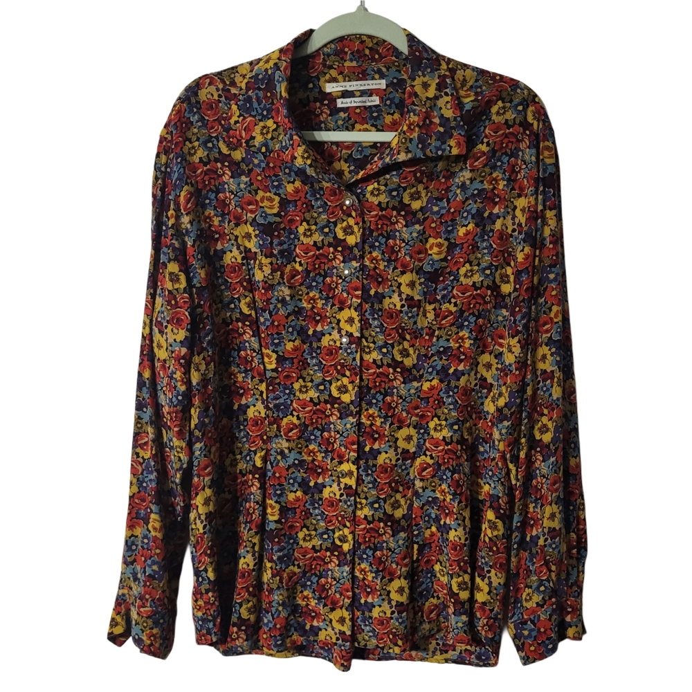 Anne Pinkerton 100% Silk Red and Yellow Button Down Floral Top Size L/XL